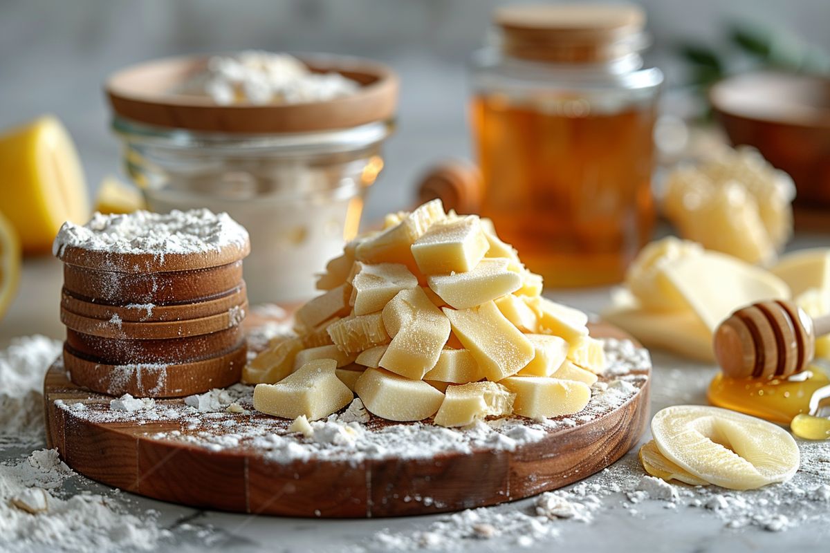 A kitchen counter with baking ingredients, including honey.