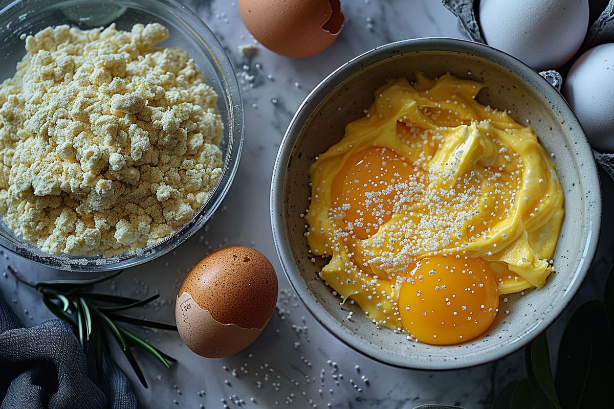 Athlete's kitchen counter featuring brewer's yeast next to a bowl of beaten eggs.
