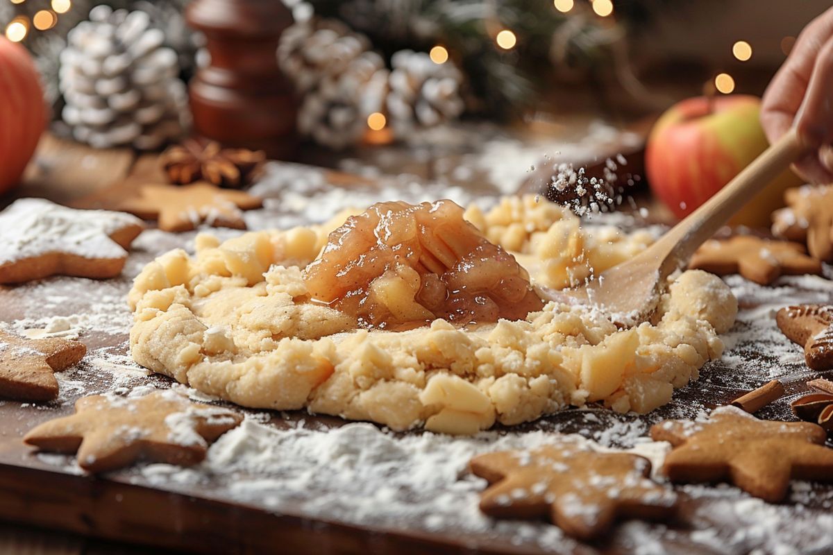 Mixing apple compote into gingerbread dough, wooden spoon in motion.