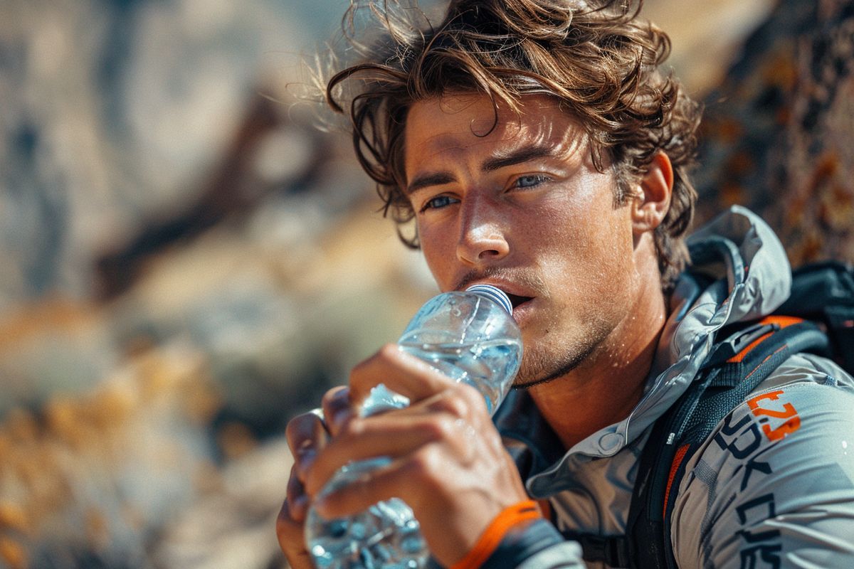 Cyclist drinking from a bottle during a steep climb.