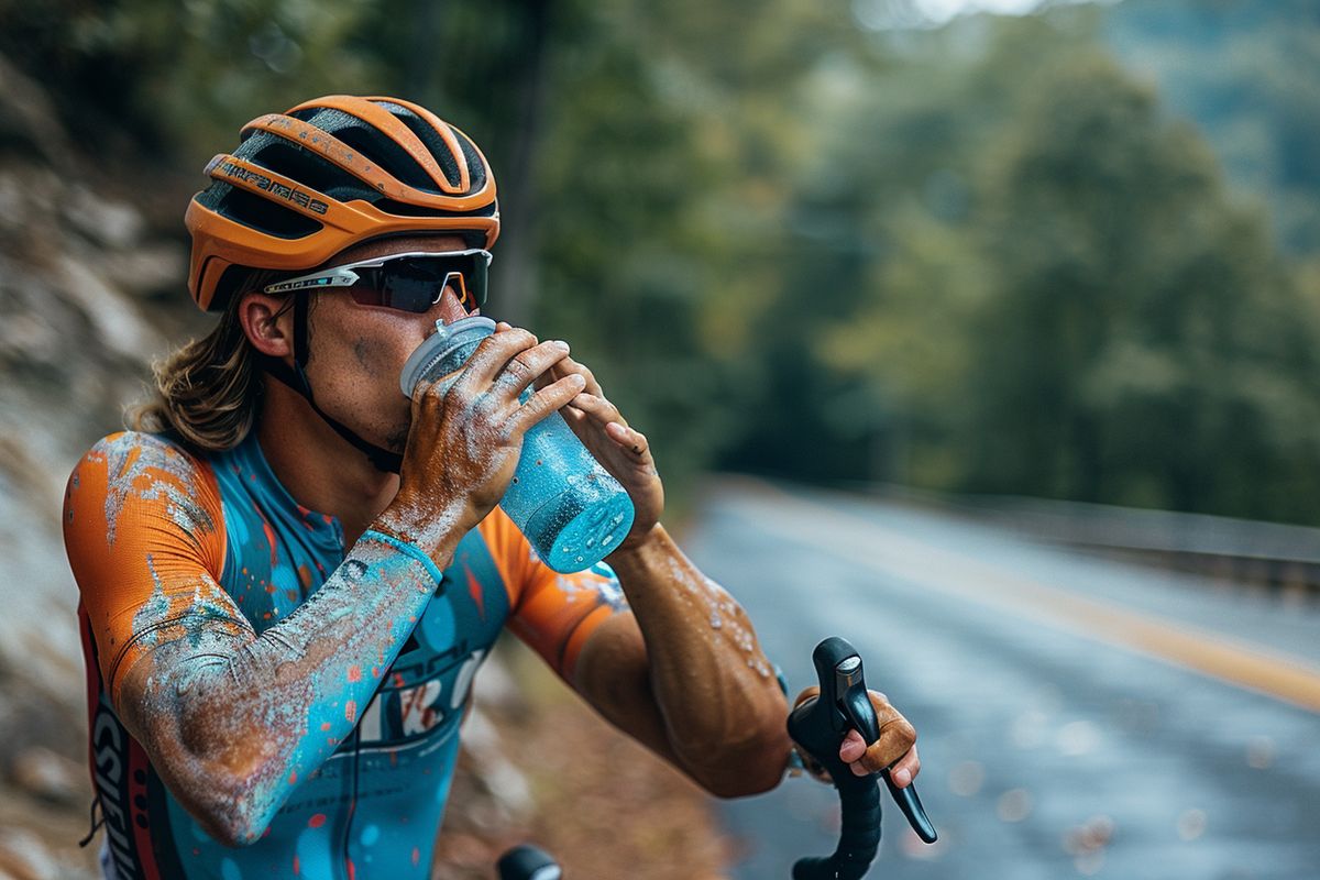 Closeup of cyclist sipping from camelback tube on open road.