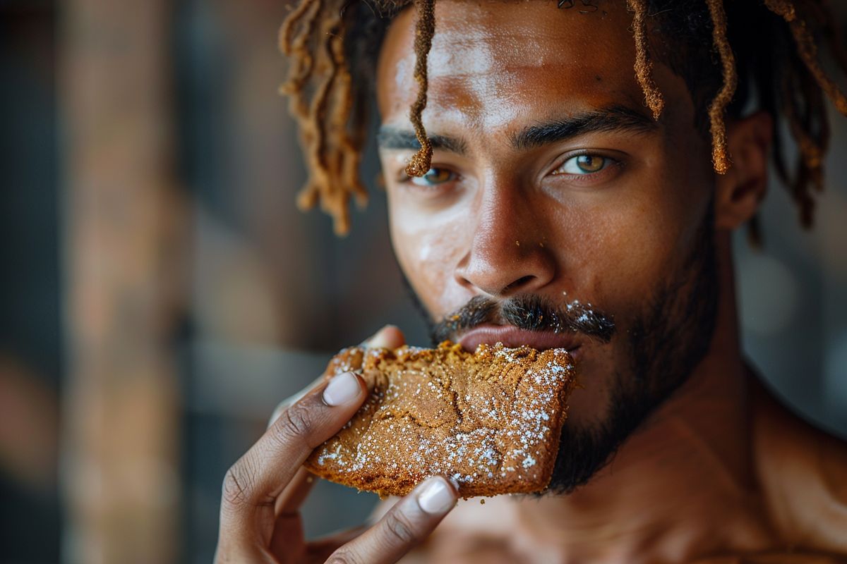 Athlete consuming gingerbread slice minutes before workout.