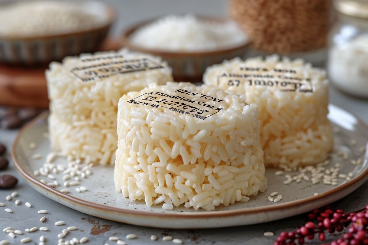 Closeup of a rice cake on a plate with nutritional information displayed.