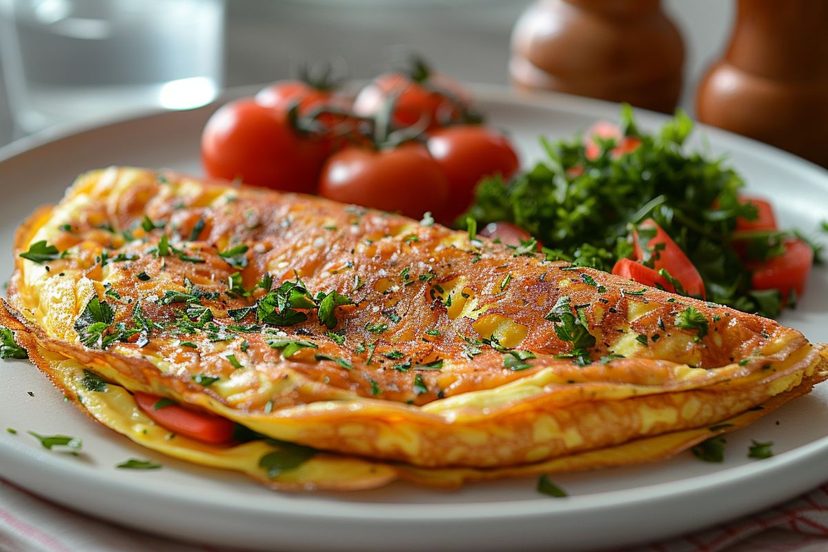 Closeup of nutrientrich omelette on a white plate with fresh vegetables.