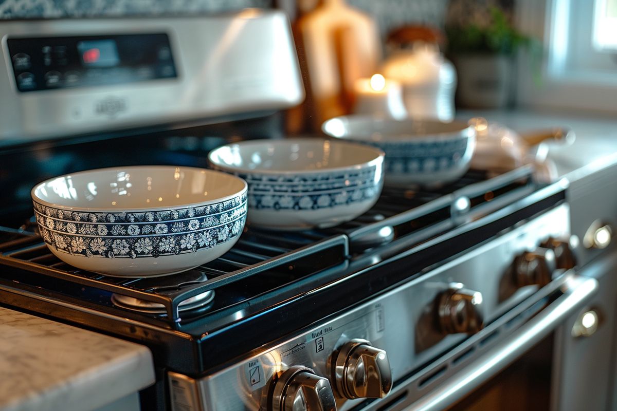 Preheating oven to C with mixing bowls on countertop.